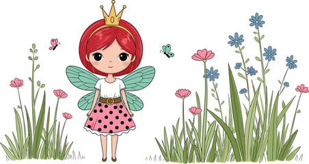 Cute fairy princess illustration with wings and crown, magical garden flowers, butterflies, fantasy character, children storybook style, vector artwork © Tohidul