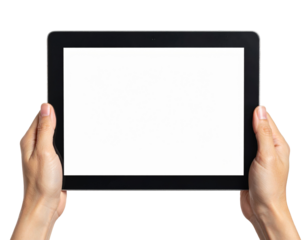 Hands holding a horizontal tablet with a blank white screen mockup Isolated on transparent or white, Cut out