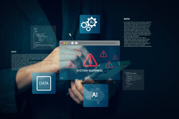 The concept of a cyber threat alert system, displaying warnings about system hacking by professional users, interacts with advanced AI technology to prevent cyber attacks