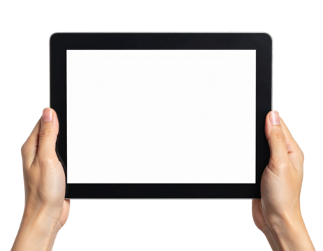 Hands holding a horizontal tablet with a blank white screen mockup Isolated on transparent or white, Cut out - Powered by Adobe