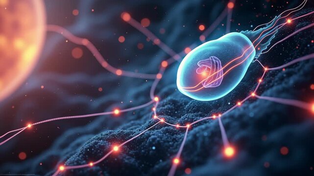 Futuristic microorganism cell glowing in digital network, blue and orange science, microscopic protozoa, neural network, abstract biology, energy