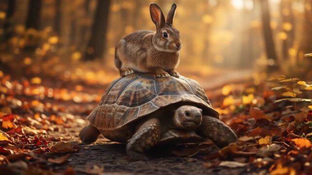 A rabbit rides atop a tortoise through a sunlit forest, surrounded by fallen leaves