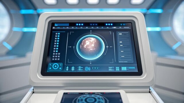Futuristic control panel digital interface space station advanced technology blue light modern sci fi data display exploration innovation spaceship
