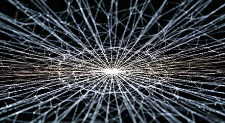 Obraz premium Abstract spider web–like network of radial light lines converging toward a bright central point on a dark background symbolizing data connection, energy flow, technology network