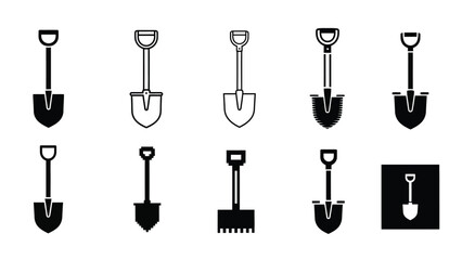 Collection of various black and white gardening tools primarily shovels and spades © Siam Studio
