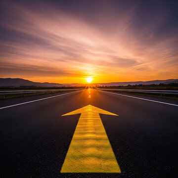 A straight asphalt road stretching towards a breathtaking sunset, with a bold yellow arrow painted on the surface symbolizing future direction, progress, and new opportunities on the path ahead