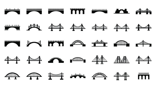 A collection of various bridge designs presented as simple black and white icons