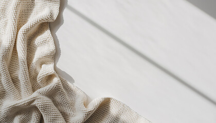 白い空間に置かれた柔らかなニットブランケット、右側に広いコピースペースがある冬のライフスタイル背景素材