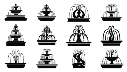 Black and white illustration of various tiered fountain designs in a grid