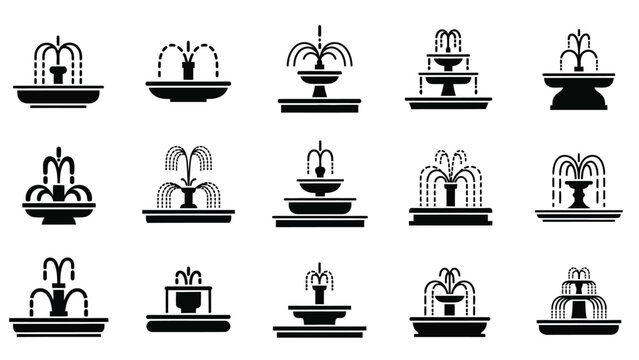 A collection of decorative fountain icons in a black and white style