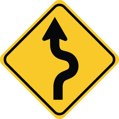 Yellow diamond road sign with black winding arrow pointing up © Aklima