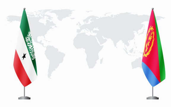 Somaliland and Eritrea flags for official meeting against background of world map.