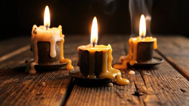 Three antique tallow candles burning with dripping wax on a rustic wooden surface, casting a warm glow.