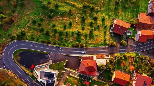 Aerial view of idyllic Italian countryside near Lago d'Iseo, vibrant houses