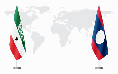 Somaliland and Laos flags for official meeting against background of world map.