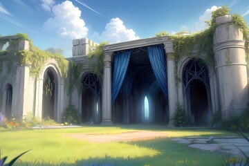 ゲーム背景　謎の人のケア委があるカーテンが惹かれた遺跡ダンジョンの入り口