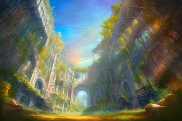 ゲーム背景　夜明けジャングルの奥地の失われた文明遺跡宮殿