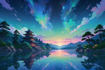 ゲーム背景　日本伝統建築が並ぶマジックアワーの夜明け風景