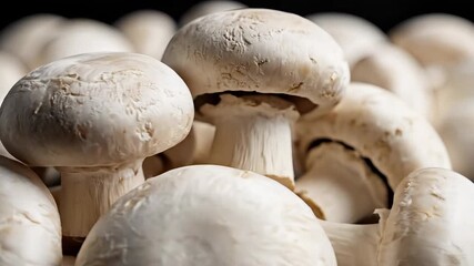 A closeup detailed shot of a bountiful pile of fresh raw white button mushrooms showcasing their natural texture and earthy appeal ready for culinary preparation in a healthy kitchen setting.