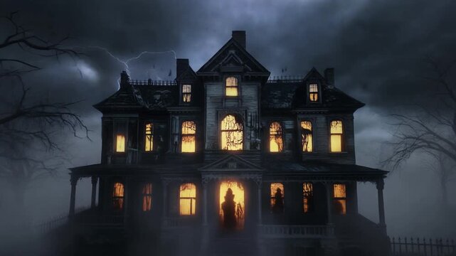 A spooky illustration of a haunted house with bats on a hill in the dark woods featuring a scary silhouette against a full moon night sky