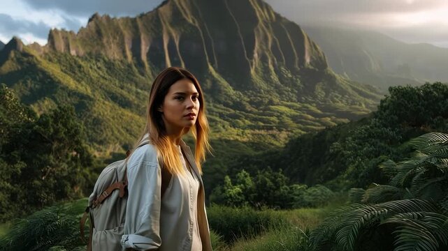 Woman exploring lush green mountains at sunrise