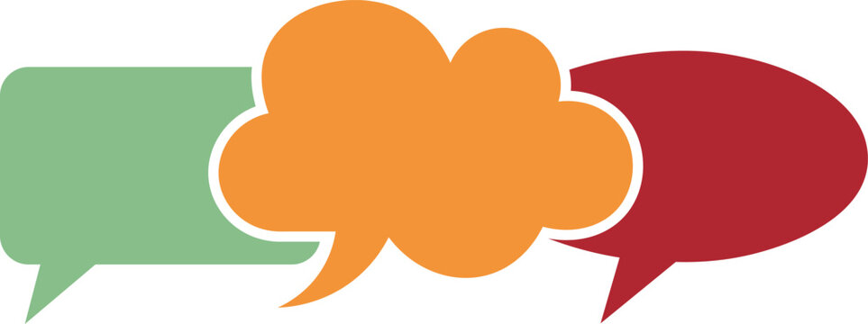 Three overlapping speech bubbles in green orange and red chat communication