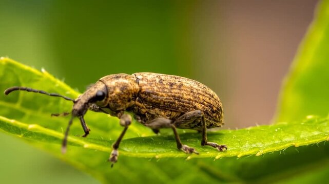 A detailed macro shot showcases a weevil insect with a long snout perched on a green leaf