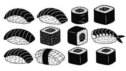 A collection of various black and white sushi rolls and pieces