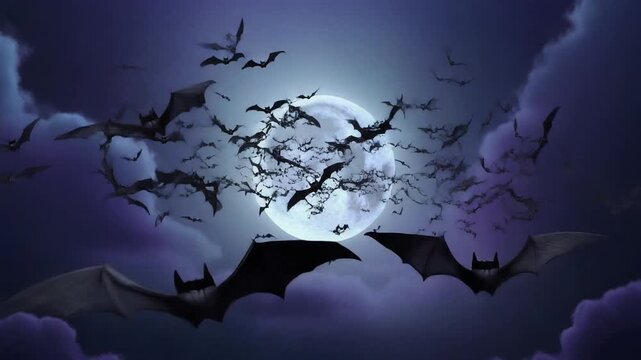 A spooky Halloween night background featuring a dark forest silhouette under a full moon with scary bats flying across the vector illustration sky