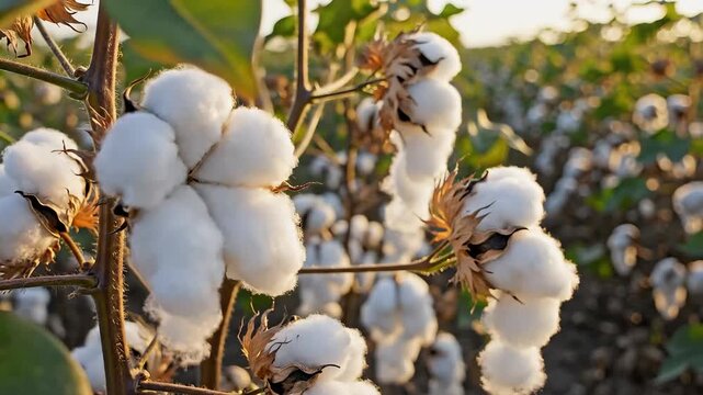 Close up of fluffy white cotton bolls on a plant in a field during sunset.