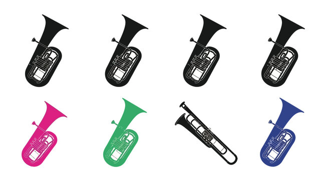 Colorful assortment of brass musical instruments tubas and euphoniums displayed