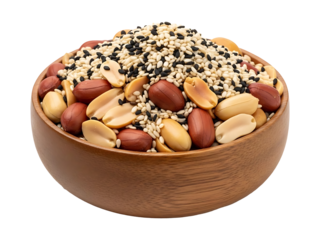 Healthy Mix of Peanuts, White Sesame, and Black Sesame Seeds in a Wooden Bowl