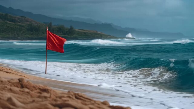 Red warning flag on stormy tropical coastline