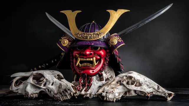 A red demonic mask, armor, and katana with skulls on a dark surface