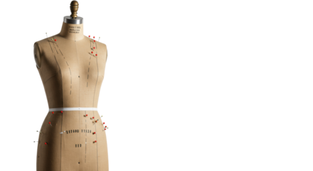 Female jute tailor's dummy, white dashed lines, red pins, minimalist stand, bright studio, transparent background, copy space, concept of fashion design and tailoring tools