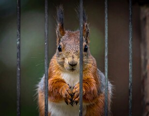 Squirrel Behind Bars - A Captivating Portrait of Wildlife in Confinement.