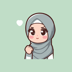 Fototapeta premium Cute Muslim Girl in Grey Hijab Determined Expression Kawaii Cartoon Character with Motivational Gesture