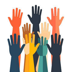 Diverse Hands Raised Symbolizing Unity and Participation in White Background Illustration Flat Design