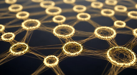 An abstract background featuring glowing circles connected by lines, creating a network-like structure. Ideal for conveying themes of connectivity, data, science, and technology.