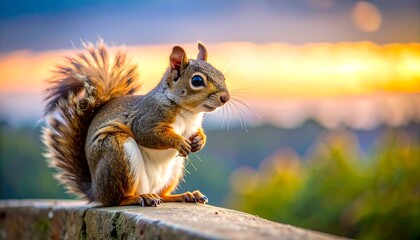 Squirrel Perched on Wall Enjoying Sunset.