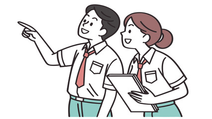 Two students in uniform collaborating and pointing together.