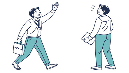 Man walking and greeting another man with a briefcase.