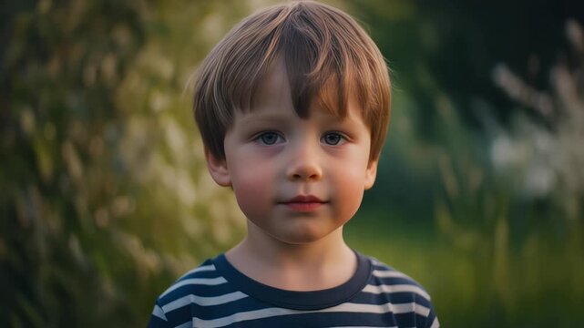 Close-up portrait of a cute young boy with blue eyes outdoors