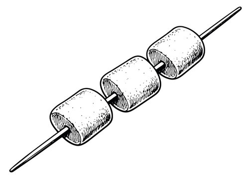 Hand drawn line art illustration of marshmallows on a skewer depicting a sweet treat for dessert and camping themes