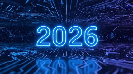 Glowing blue circuit board with 2026 neon text overlay