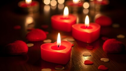 Red heart shaped candles with rose petals on dark background for valentines day