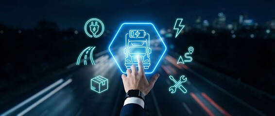 Businessman interacting with electric vehicle charging infrastructure icons on city highway at night