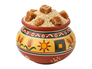 Clay pot filled with raw sugar cubes and grains on white background