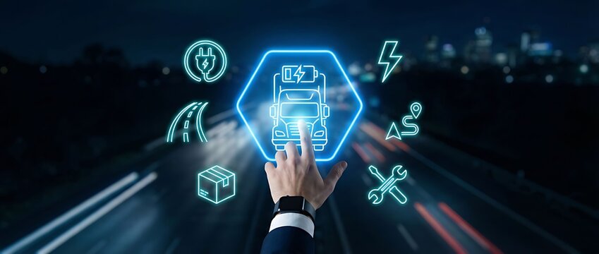 Businessman interacting with electric vehicle charging infrastructure icons on city highway at night - Powered by Adobe