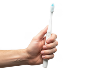 A hand holding a white toothbrush isolated on transparent background